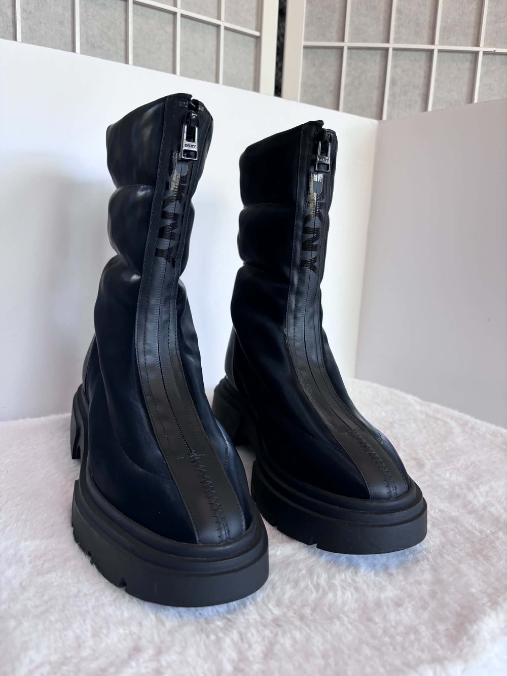 Womens DNKY Black Chunky Platform Zip Front Boots